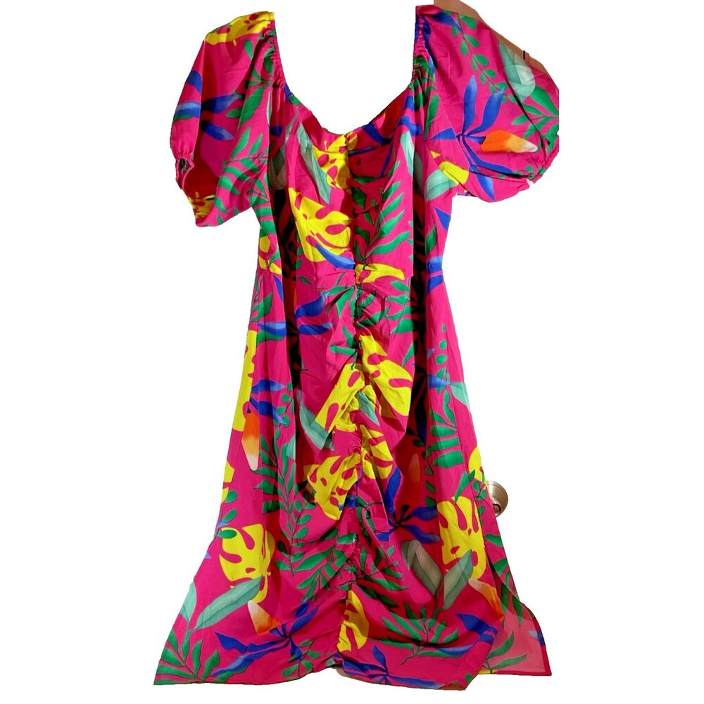 Soul Of Curves Midi Dress Pink & Yellow Multicolor Puff Sleeves Size 3XL NWT